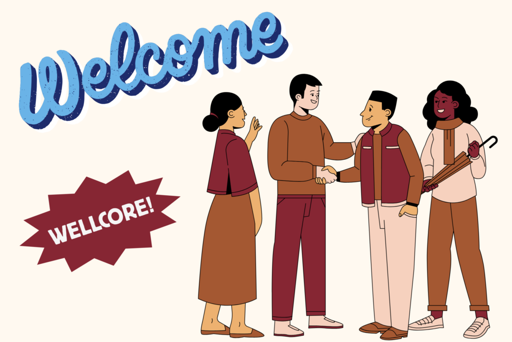 Illustration of students greeting each other at a welcome event